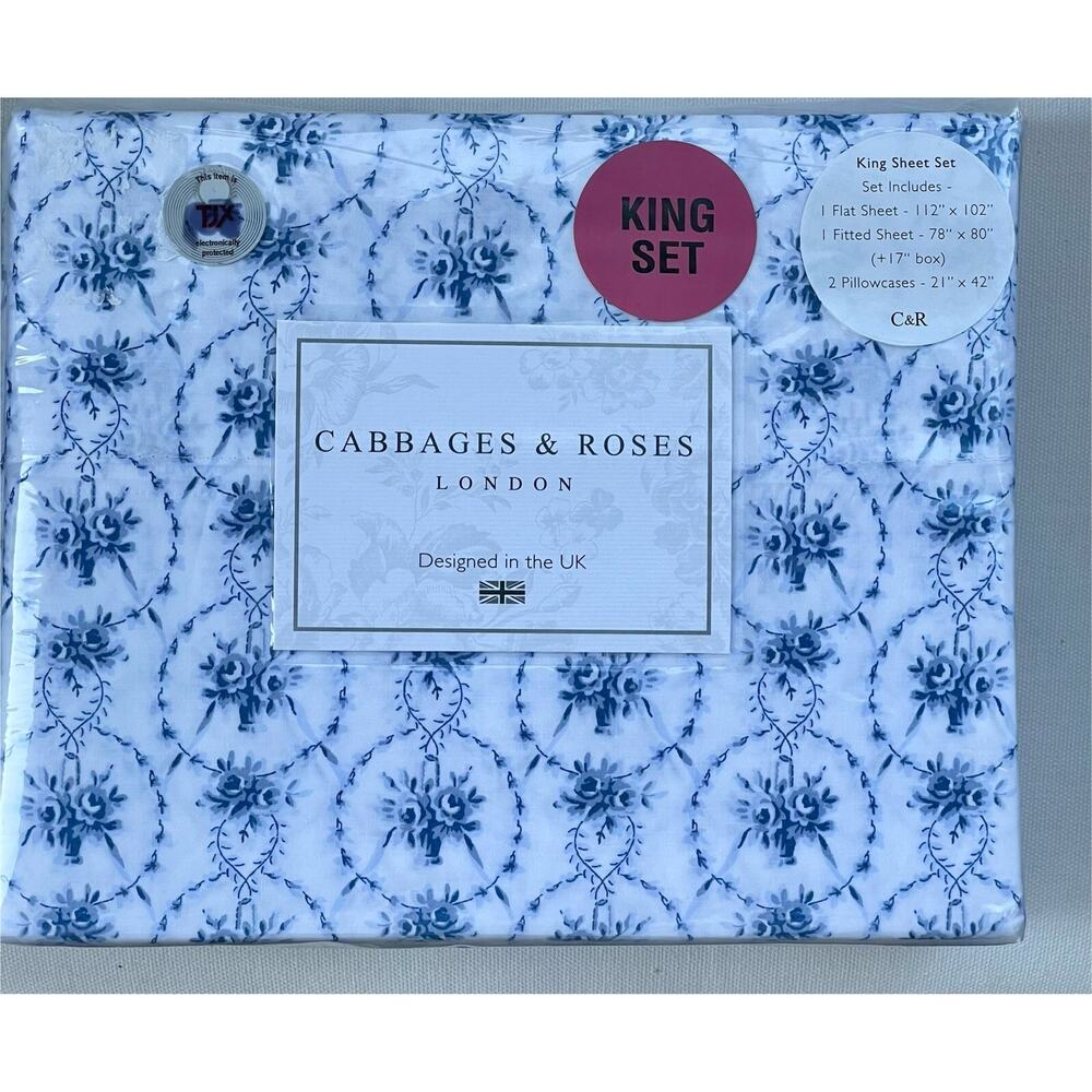 New NWT Cabbages and Roses 4 Pc KING Gray Sheet Set Julia Blue Luxury Cotton